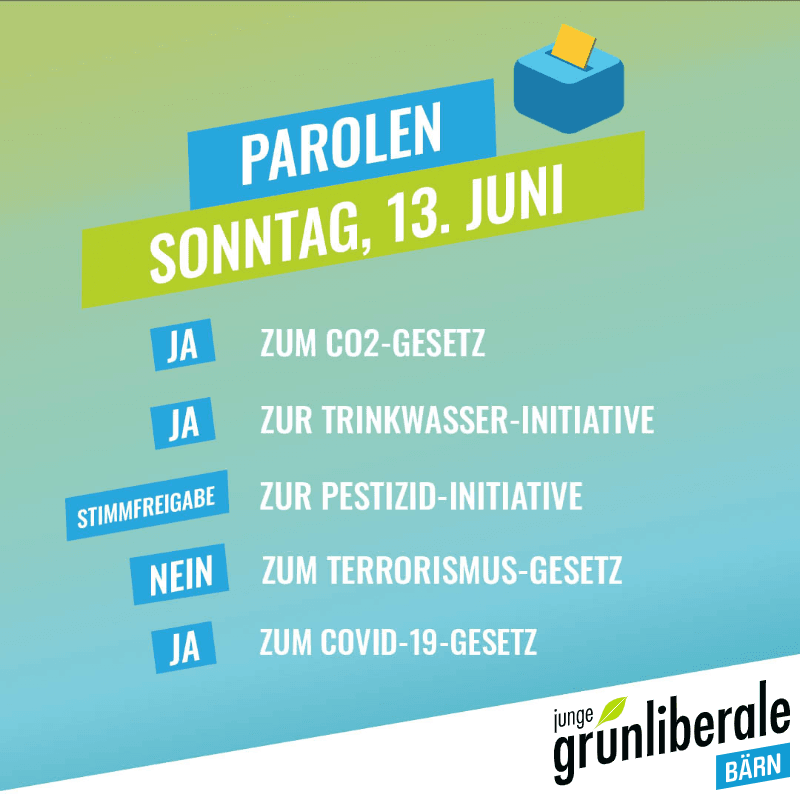 Junge Grünliberale Kanton Bern fassen ihre Parolen zu den Abstimmungen vom 13. Juni 2021